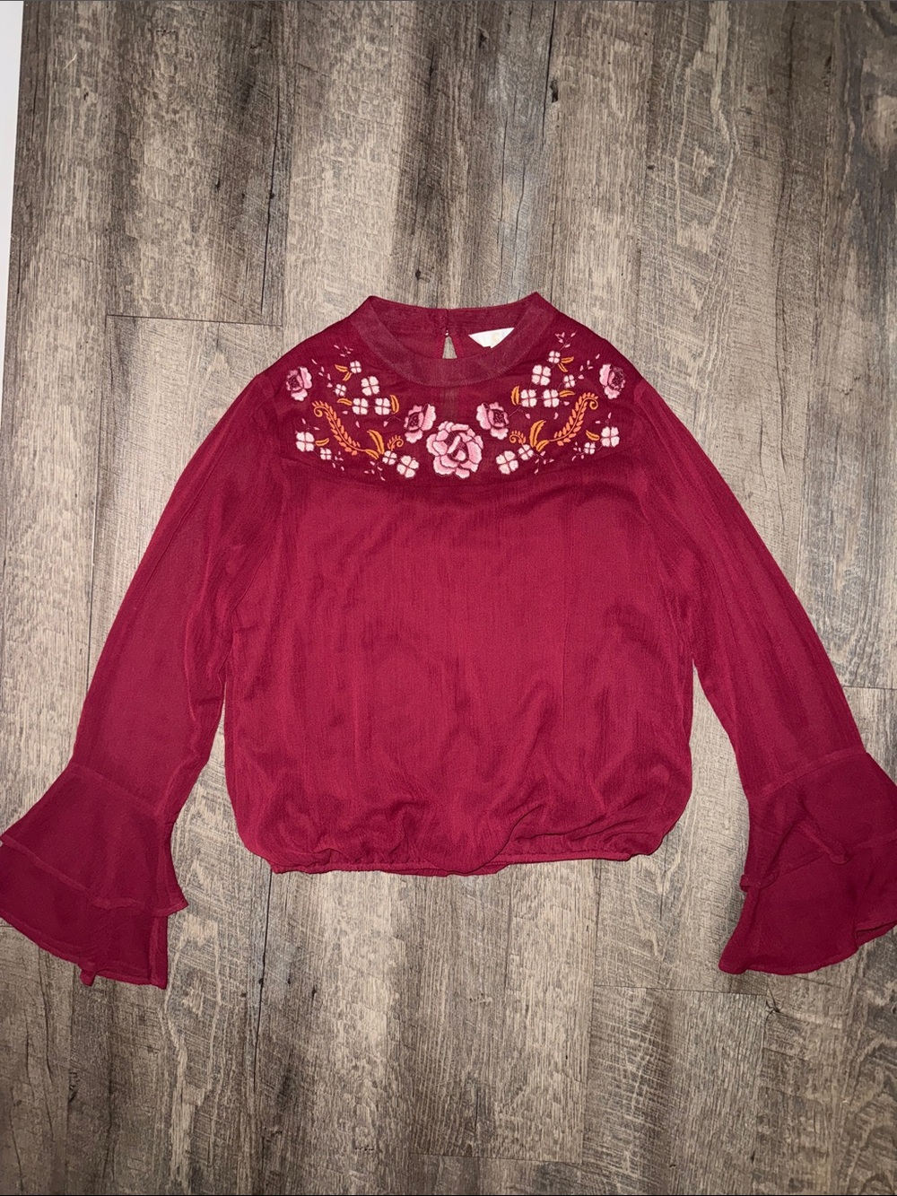 Charming Charlie Burgundy Embroidered Yoke Blouse